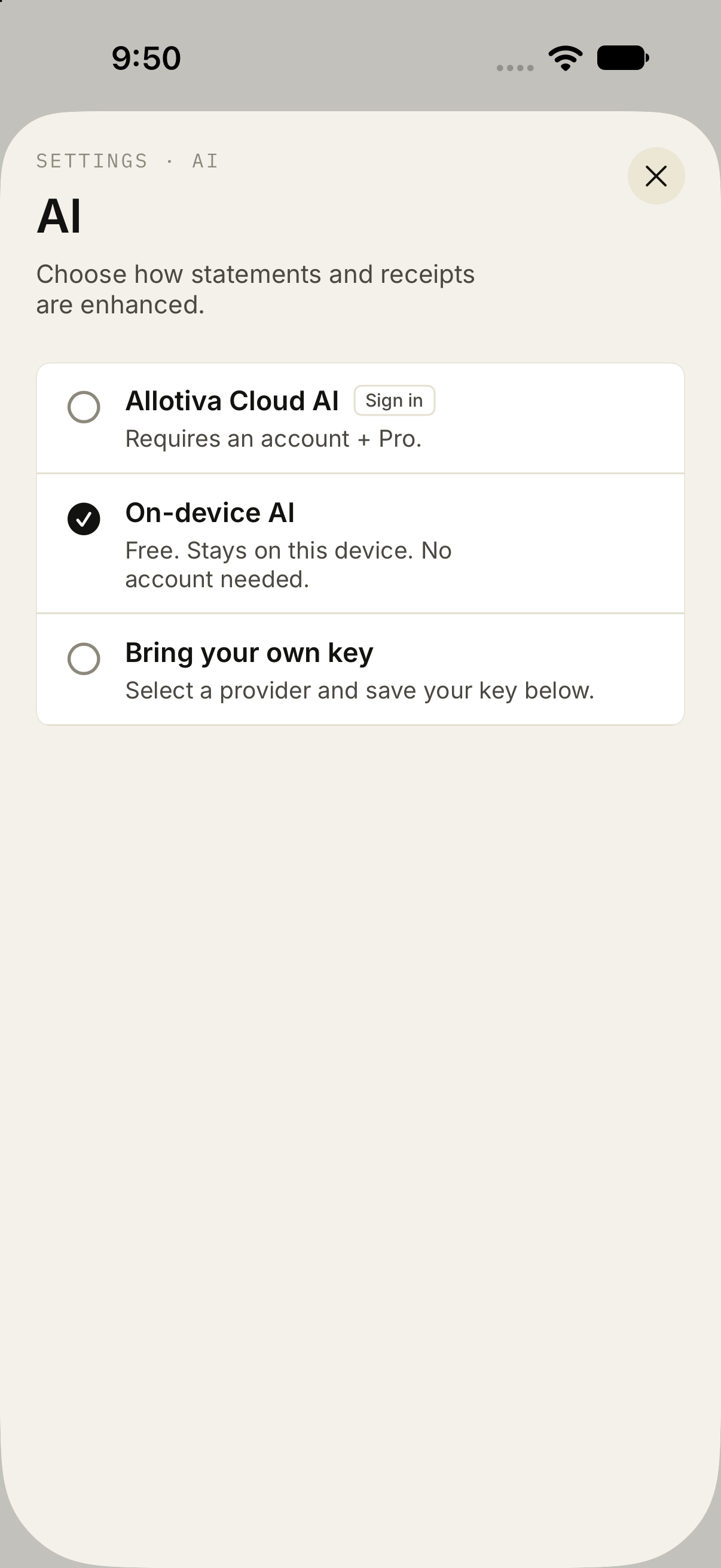 AI settings with on-device AI selected