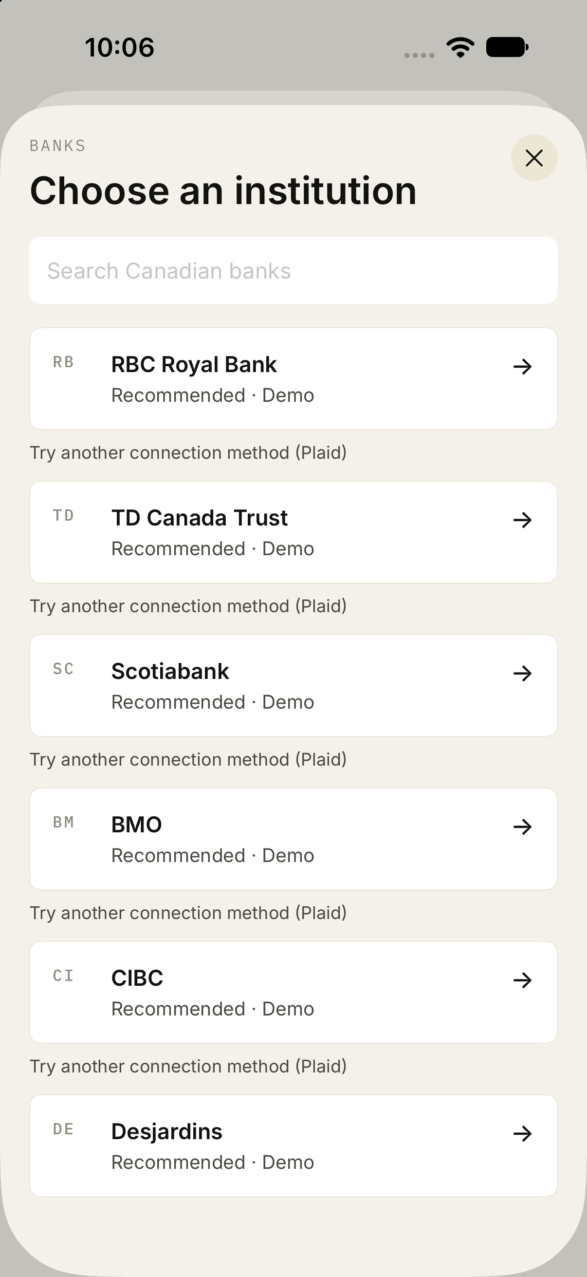 Institution picker for Canadian banks