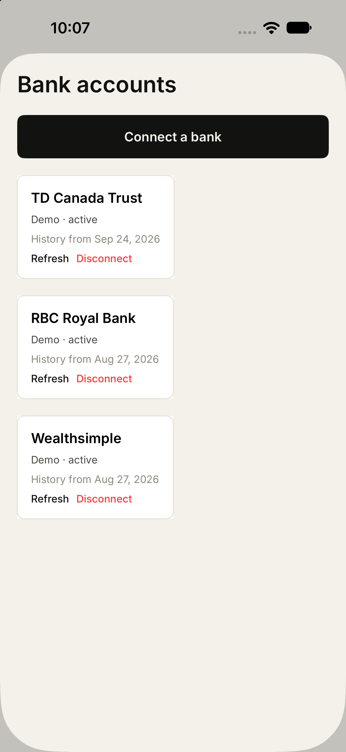 Connected bank accounts with refresh and disconnect