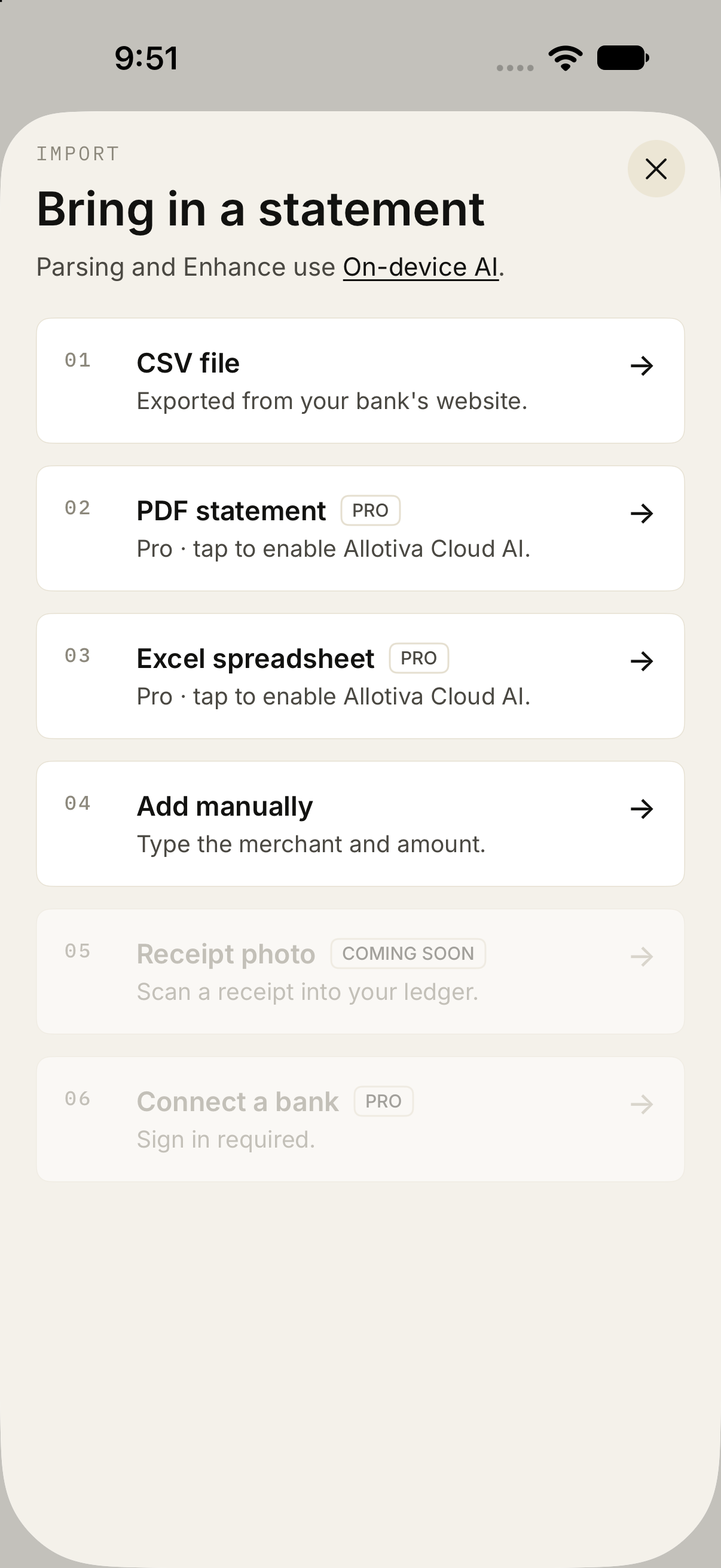 Import sheet for CSV, PDF, Excel, manual entry, and bank connect
