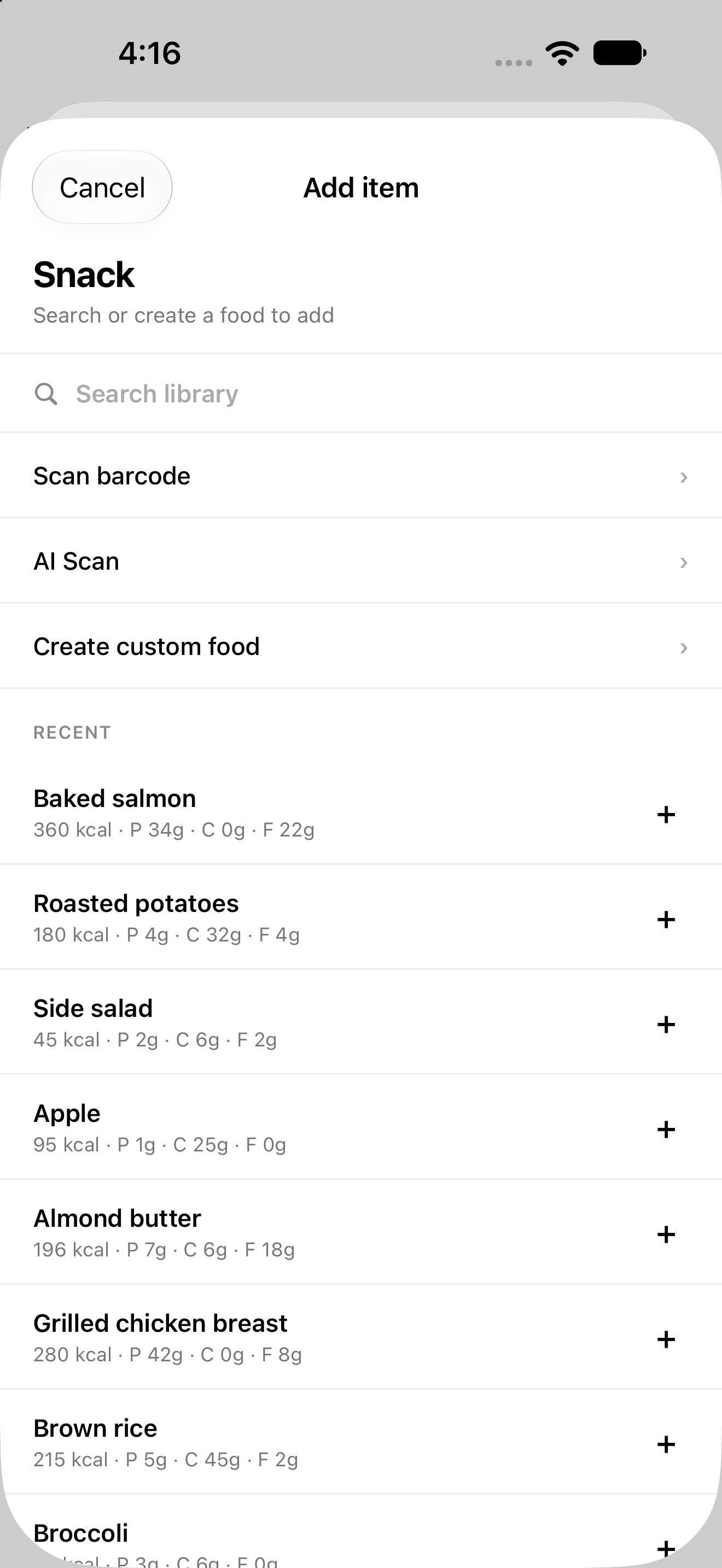 Add snack sheet with search, barcode, AI scan, and recent foods