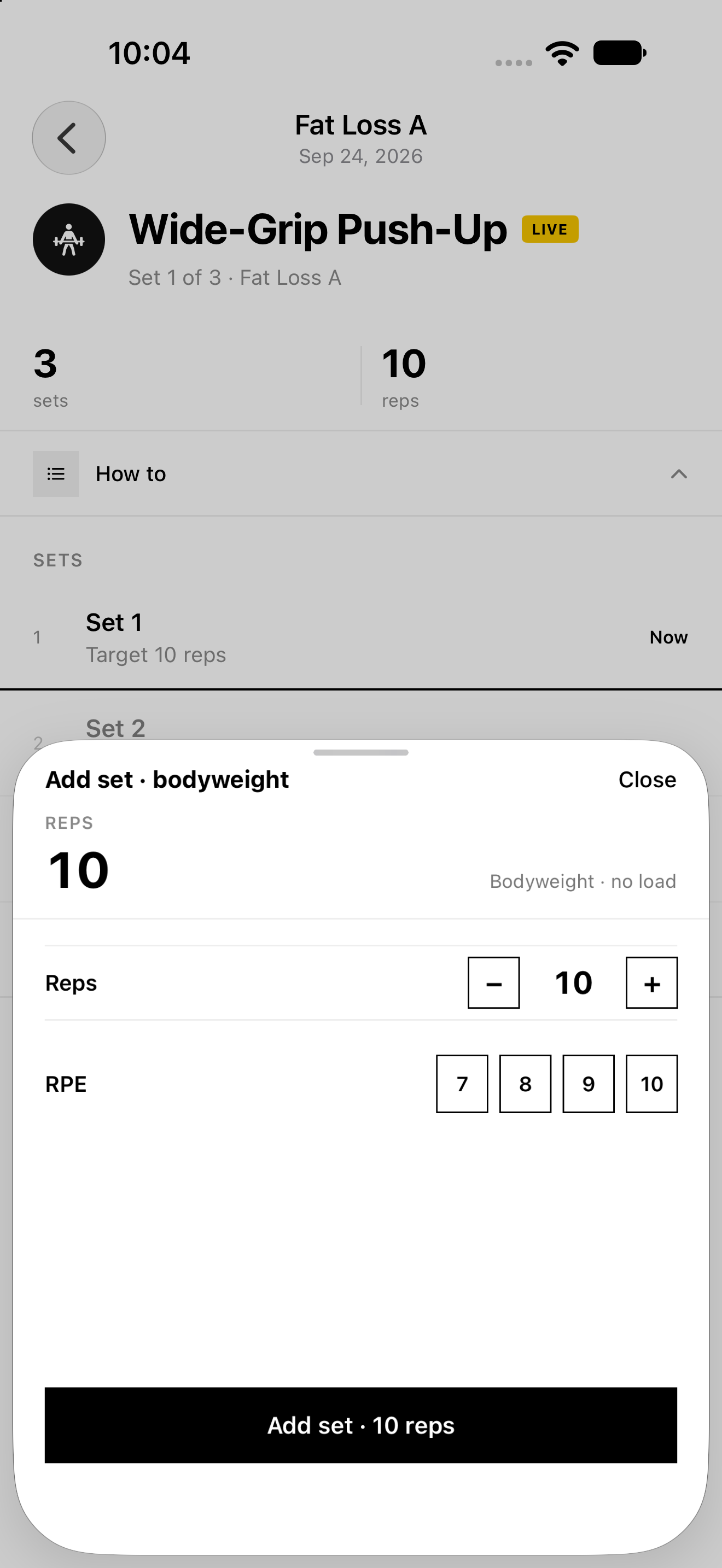 Add-set sheet with reps and RPE