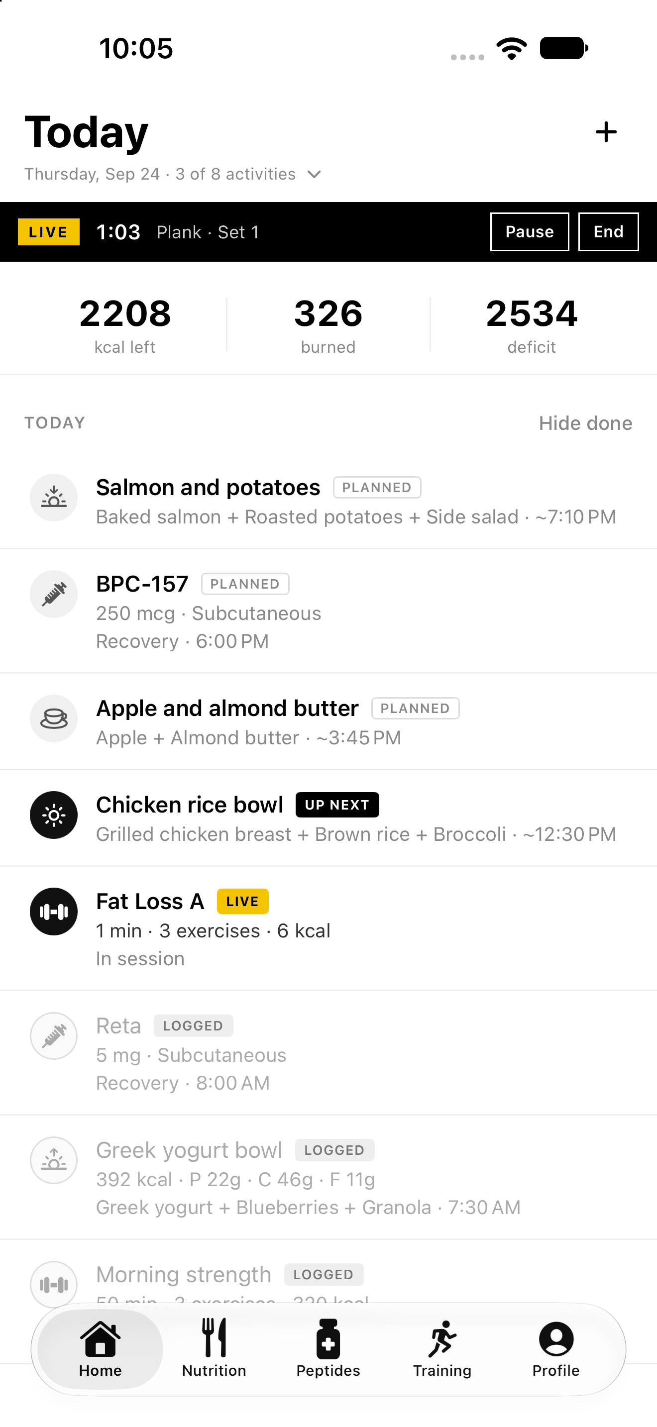 Today feed with meals, a live workout, and a logged dose