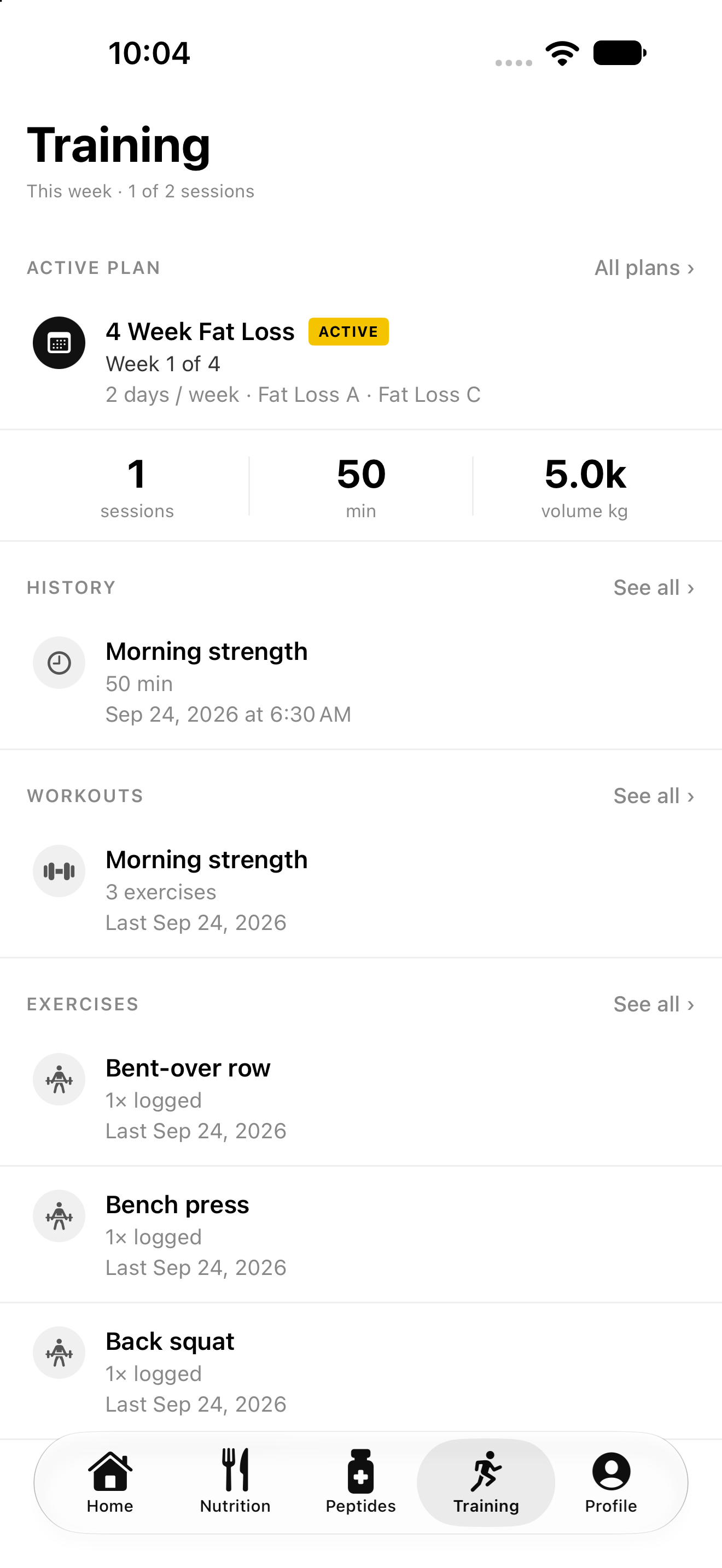 Training home with an active plan and logged exercises